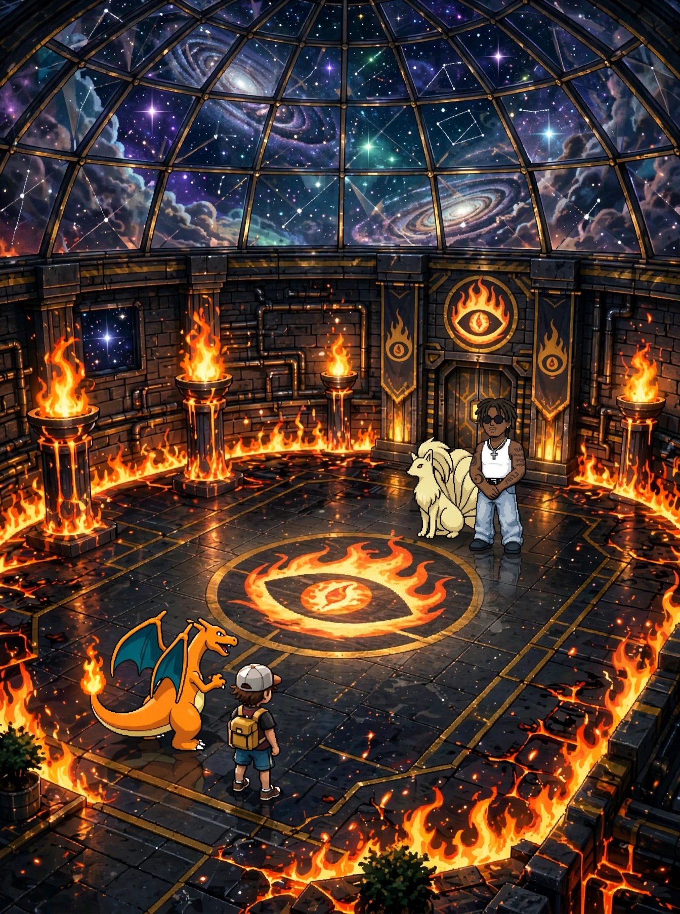 Maxx's cosmic dome gym — Gym Leader Maxx and Ninetales face a challenger and his Charizard