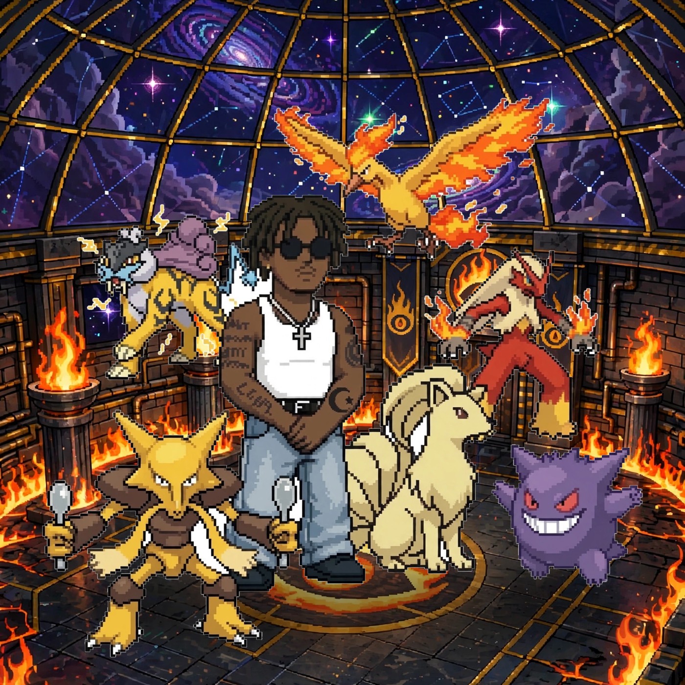 Maxx and his team inside his gym: Ninetales, Gengar, Alakazam, Blaziken, Raikou and Moltres